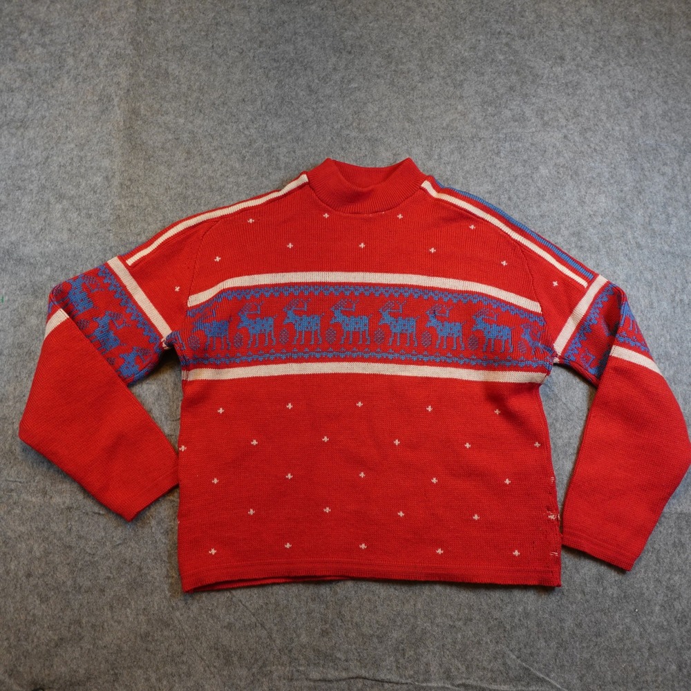 VTG Obermeyer Sweater Women S/M? Red Reindeer Fair Isle Virgin Wool Mock Neck